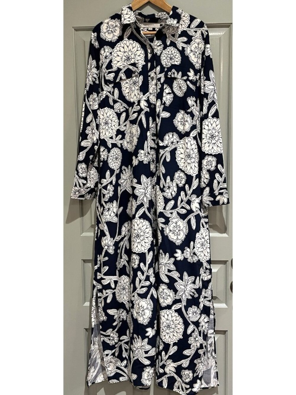 Loft Maxi Dress Women's Large Button Up Blue White Floral Vacation Resort